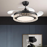 Simple Black Round Crystal Ceiling Fan with LED Light Image - 2