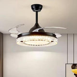 Simple Black Round Crystal Ceiling Fan with LED Light Image - 3