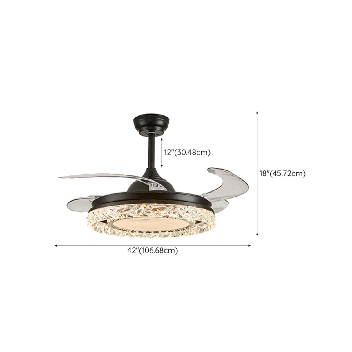 Simple Black Round Crystal Ceiling Fan with LED Light 