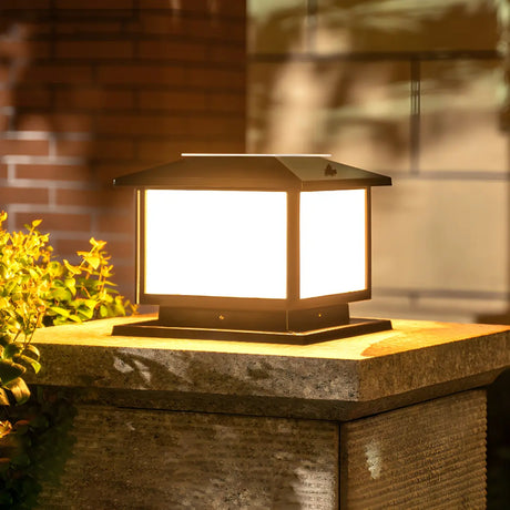 Simple Black Square Solar Metal Outdoor Pillar Lamp Image - 1