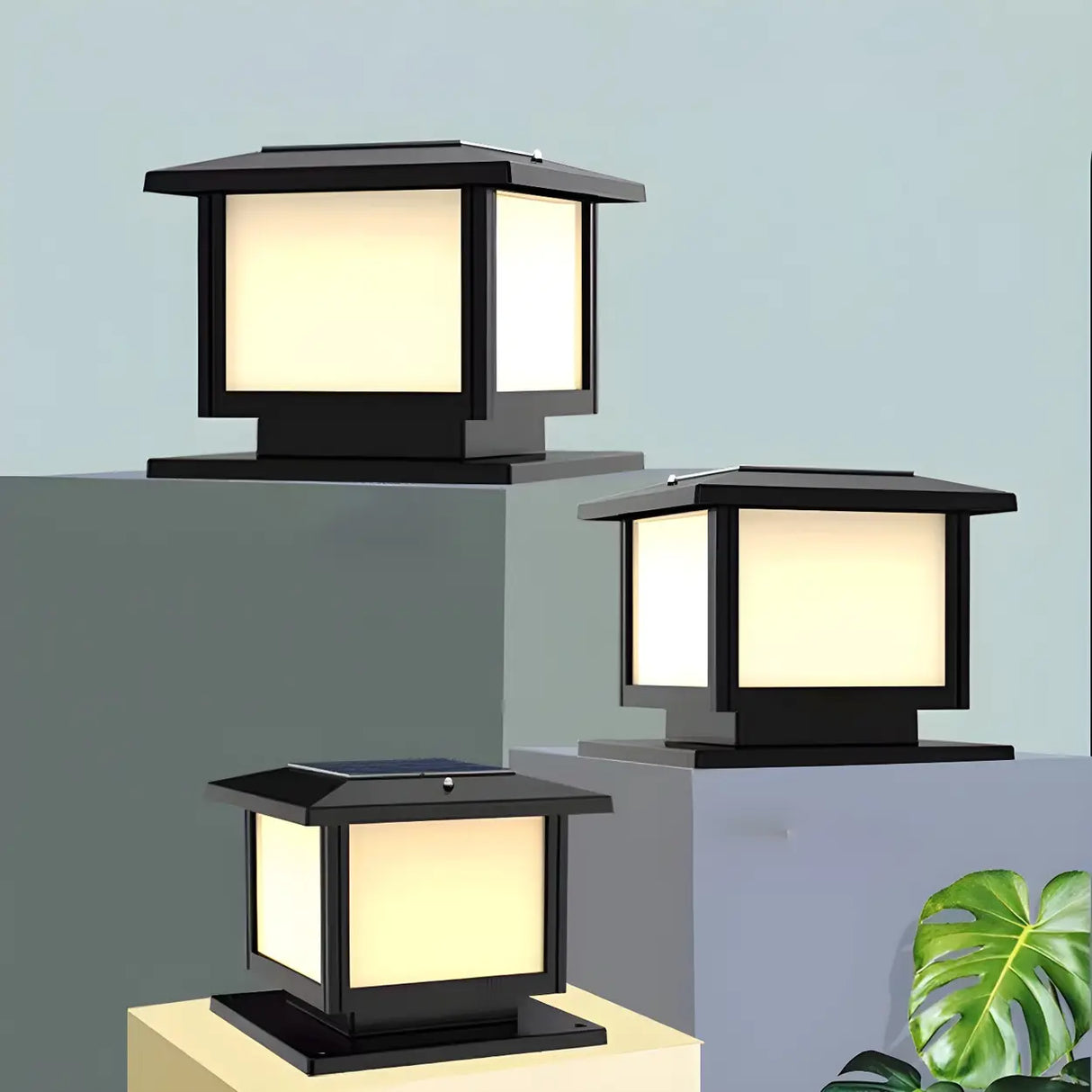 Simple Black Square Solar Outdoor Post Table Lamp Image - 11