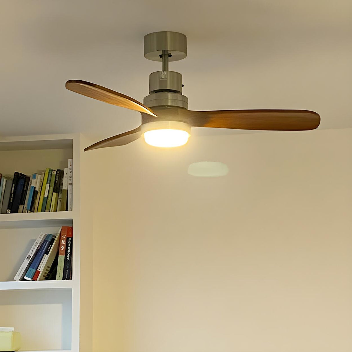 Simple Brown 3 Solid Wood Blade Ceiling Fan with Light Image - 1