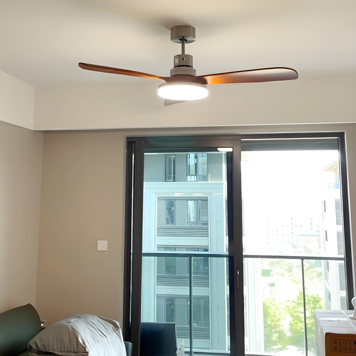 Simple Brown 3 Solid Wood Blade Ceiling Fan with Light Image - 12