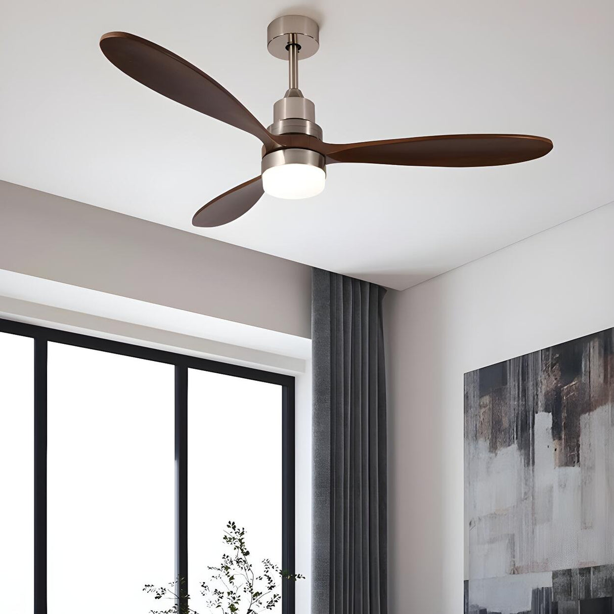 Simple Brown 3 Solid Wood Blade Ceiling Fan with Light Image - 14