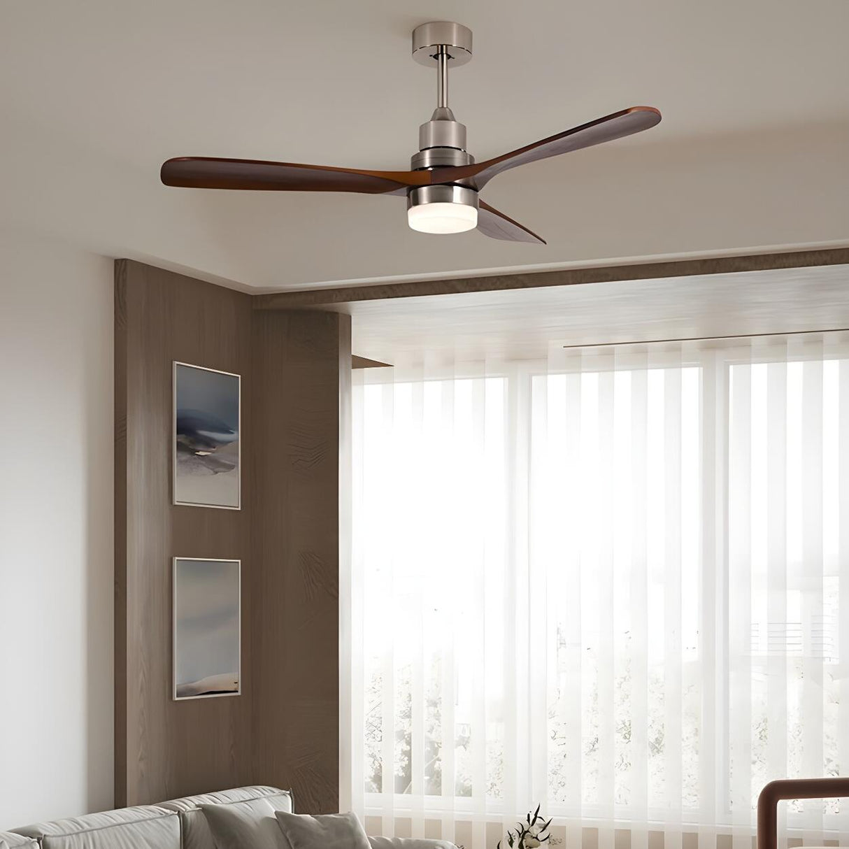 Simple Brown 3 Solid Wood Blade Ceiling Fan with Light Image - 4