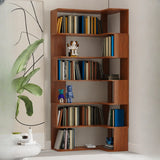 Simple Brown Corner L-Shape Wood Multi-shelves Bookcase Image - 1