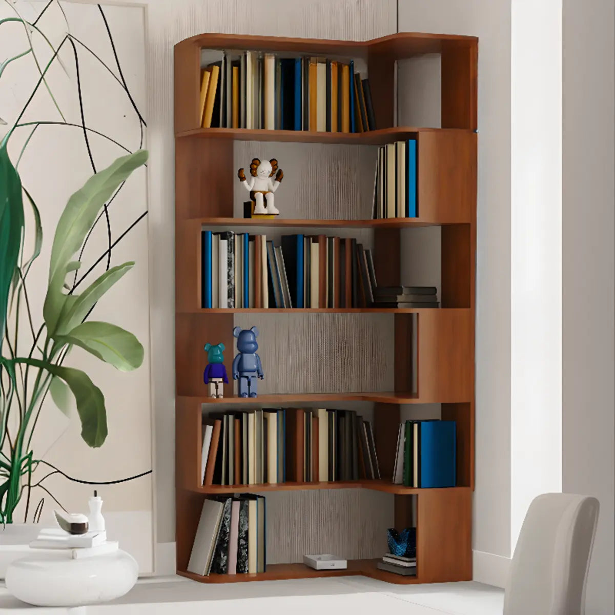 Simple Brown Corner L-Shape Wood Multi-shelves Bookcase Image - 11