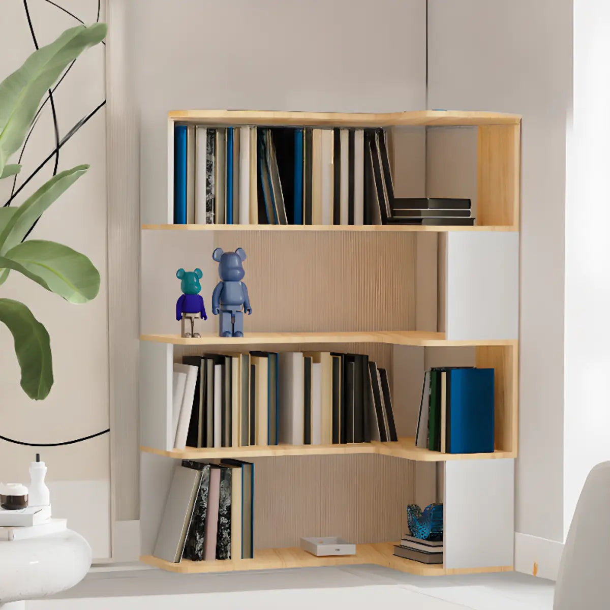 Simple Brown Corner L-Shape Wood Multi-shelves Bookcase Image - 13