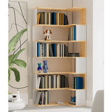 Simple Brown Corner L-Shape Wood Multi-shelves Bookcase Image - 4