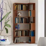 Simple Brown Corner L-Shape Wood Multi-shelves Bookcase Image - 5