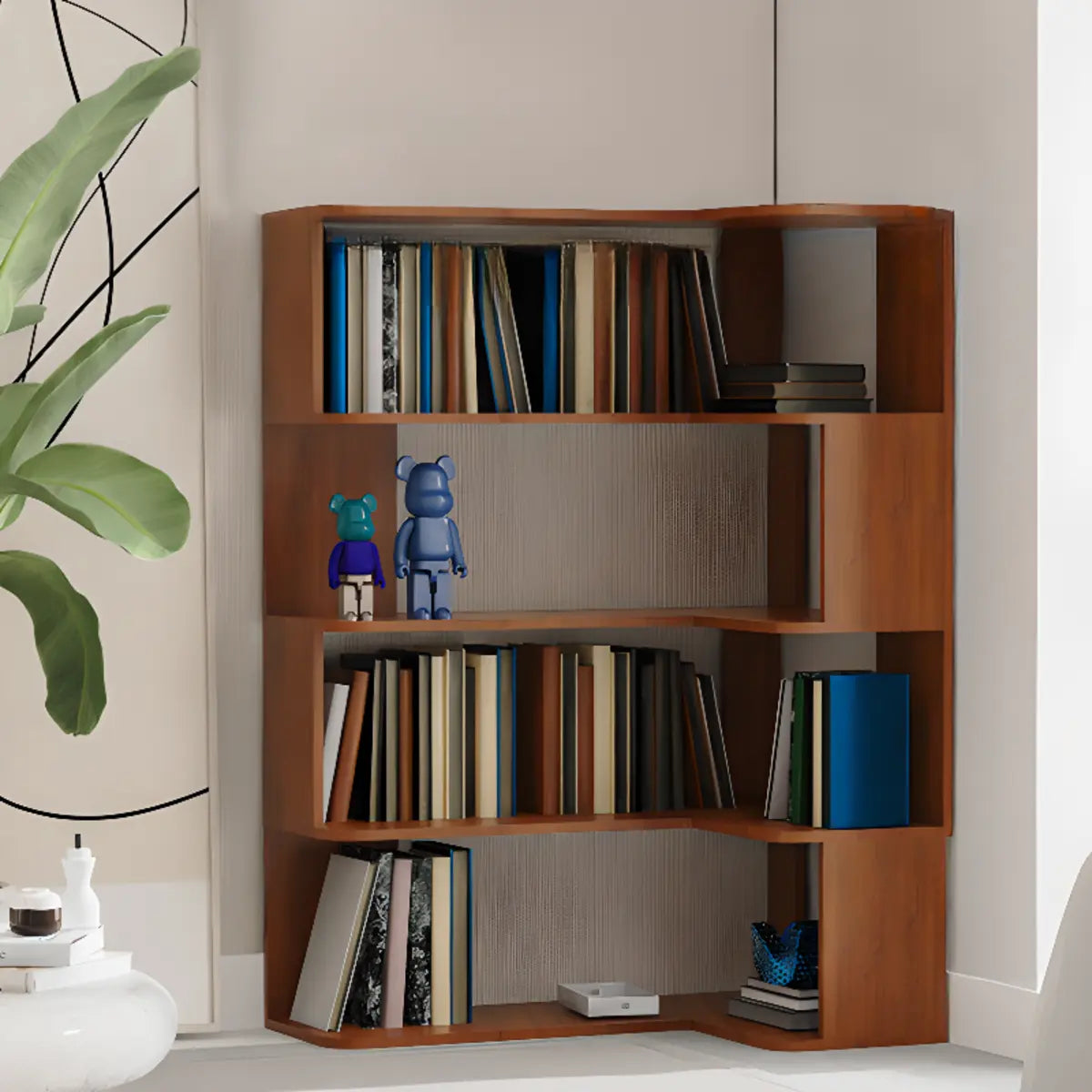 Simple Brown Corner L-Shape Wood Multi-shelves Bookcase Image - 7