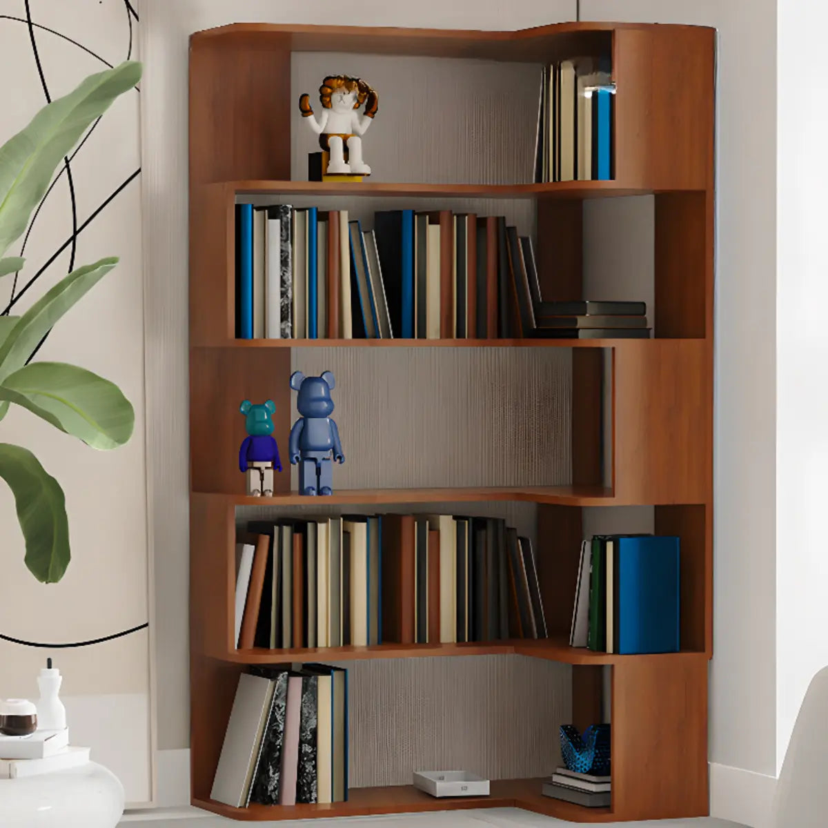 Simple Brown Corner L-Shape Wood Multi-shelves Bookcase Image - 9