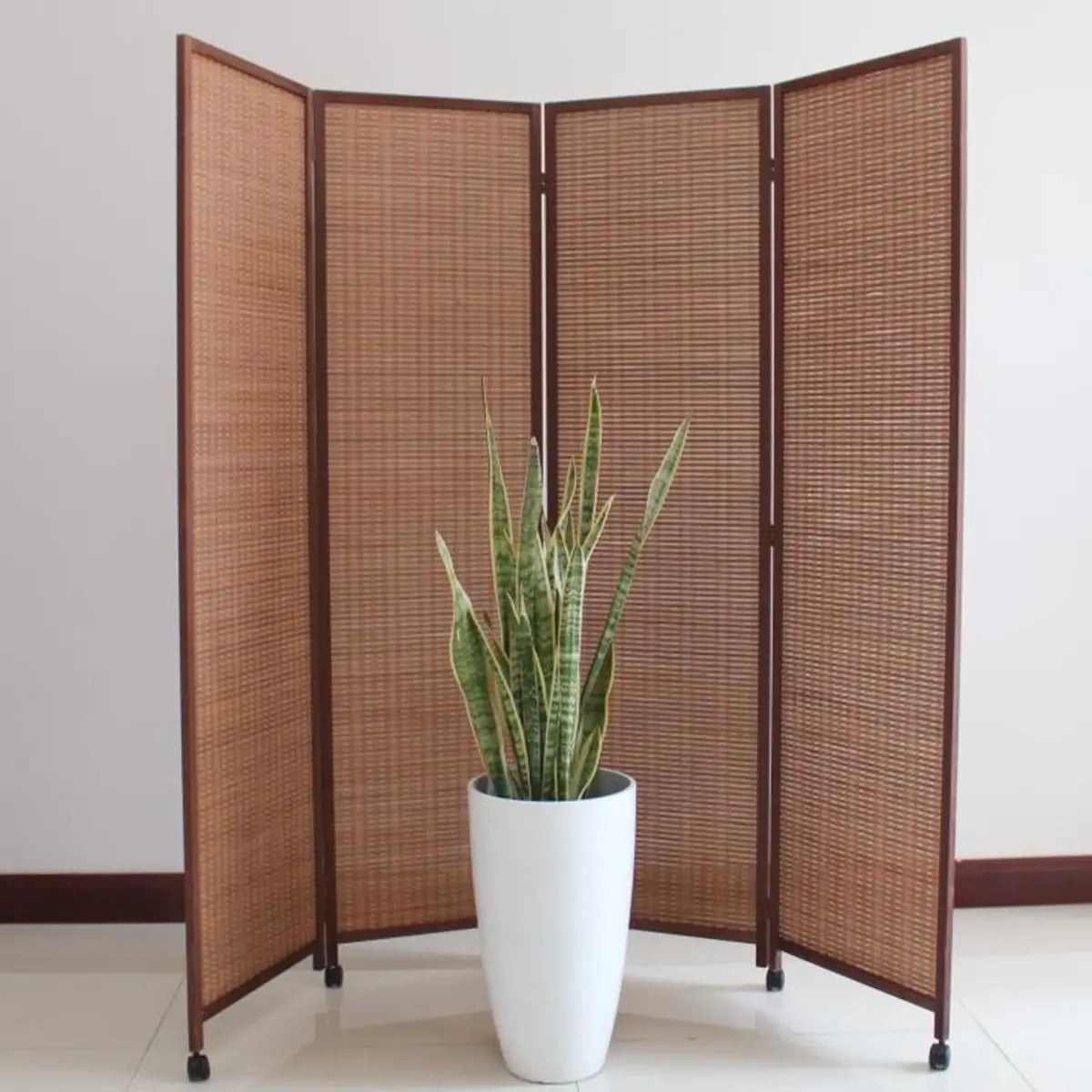 Simple Brown Rattan Foldable Room Divider with Wheels Image - 1