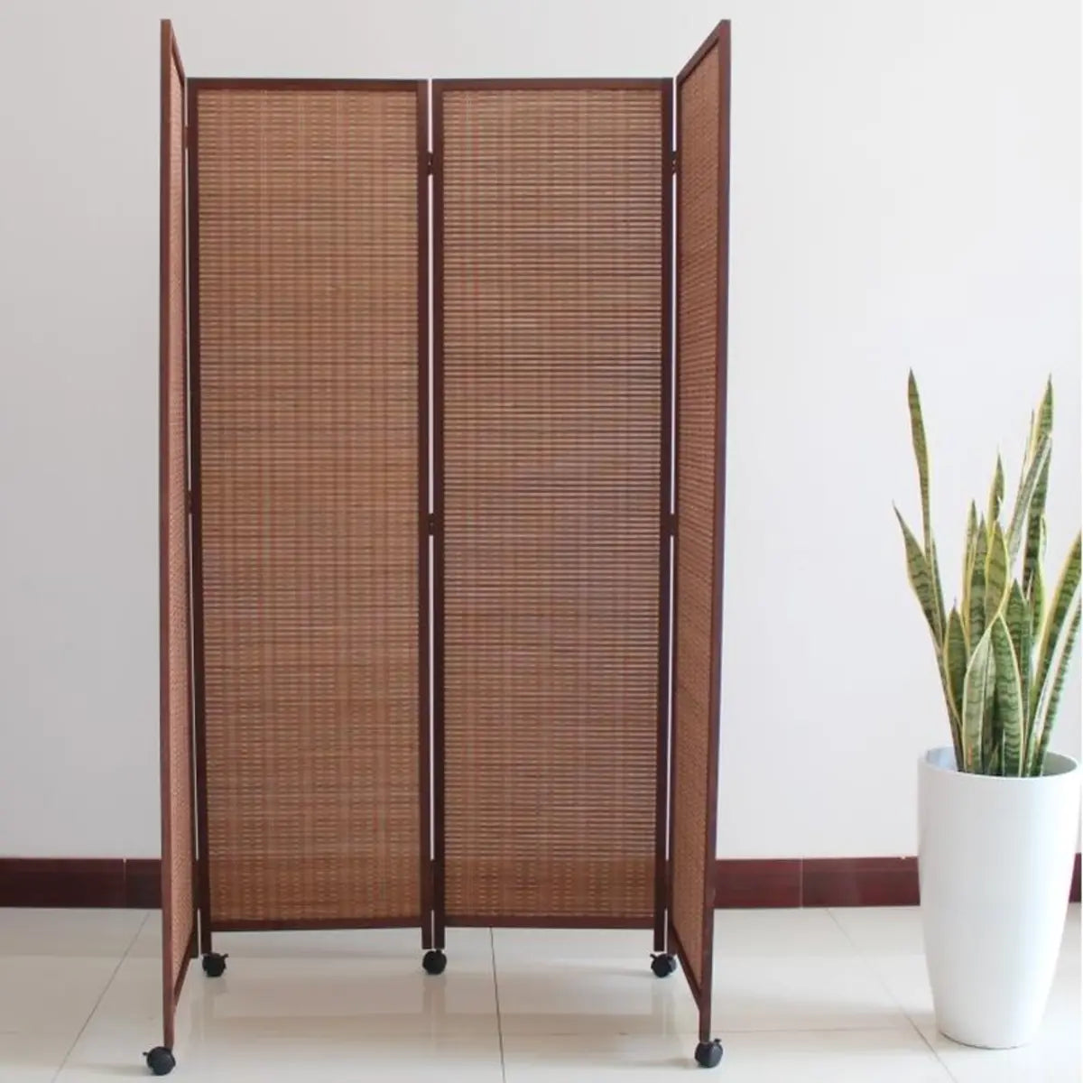 Simple Brown Rattan Foldable Room Divider with Wheels Image - 2