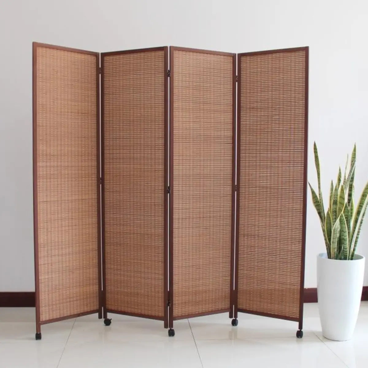 Simple Brown Rattan Foldable Room Divider with Wheels Image - 3