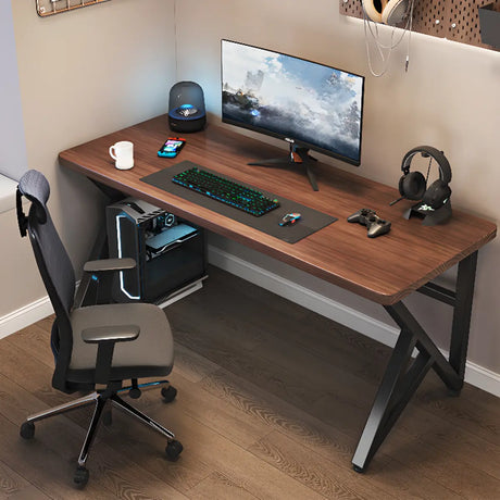 Simple Brown Wood Rectangle Metal Trestle Writing Desk Image - 1