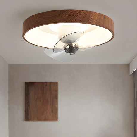 Simple Brown Wood Round Flush Ceiling Fan with Light Image - 1