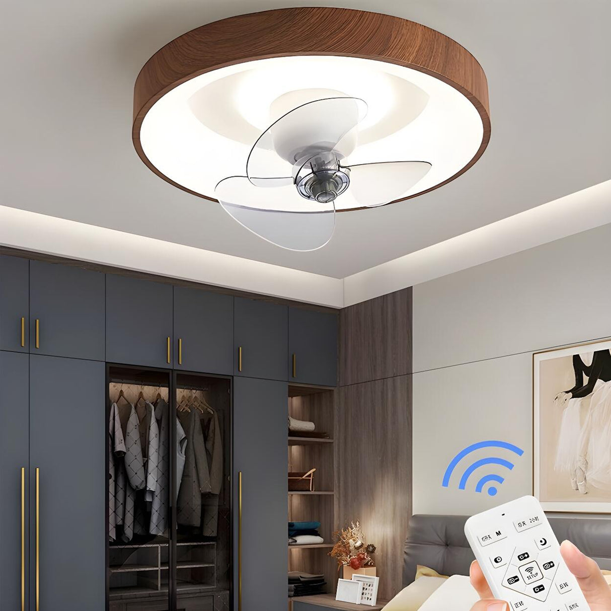 Simple Brown Wood Round Flush Ceiling Fan with Light Image - 11