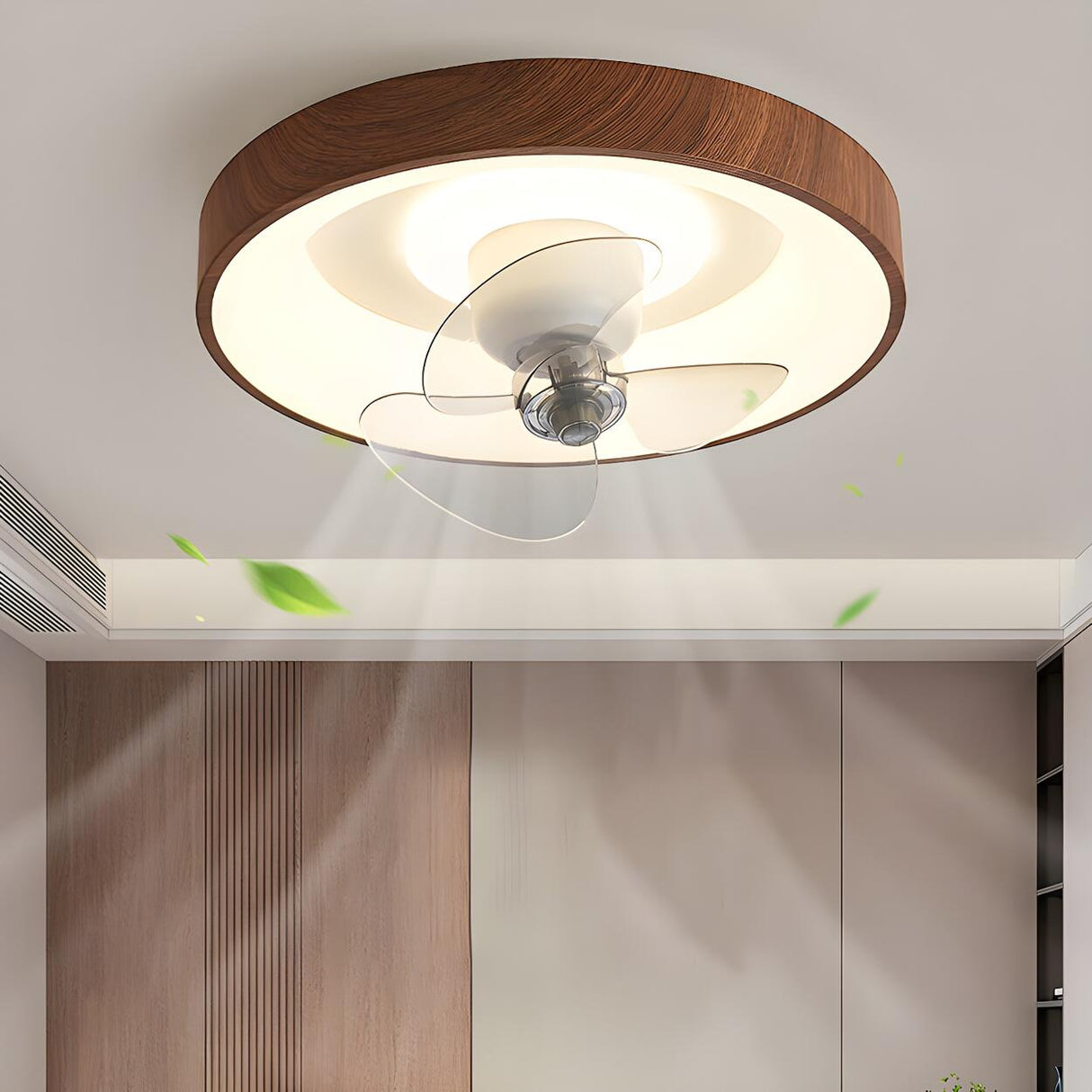 Simple Brown Wood Round Flush Ceiling Fan with Light Image - 3