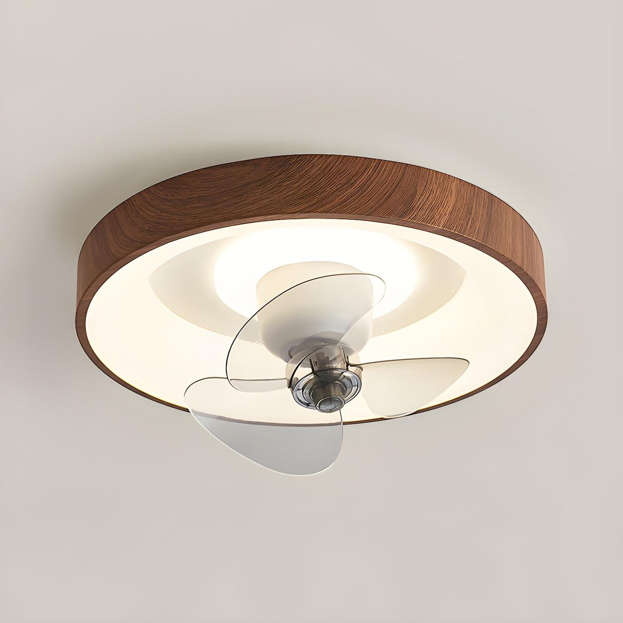 Simple Brown Wood Round Flush Ceiling Fan with Light Image - 6