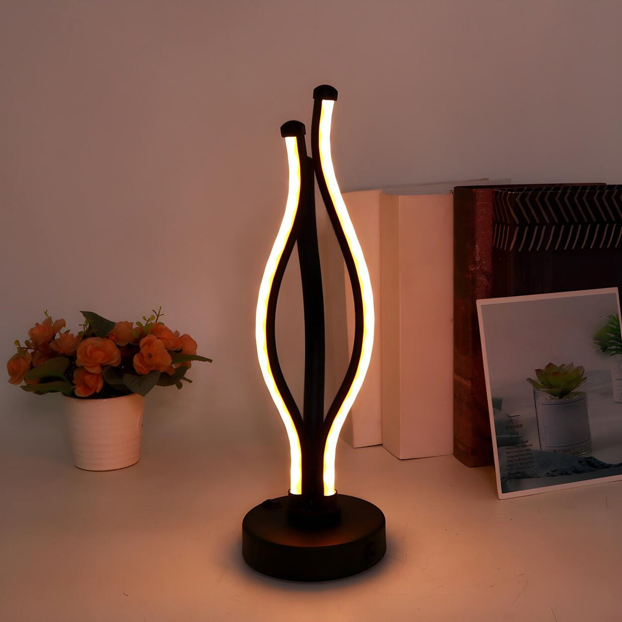 Simple Chic Bedroom Black LED Strip Metal Table Lamp Image - 1