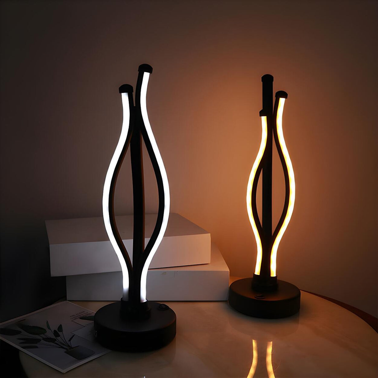 Simple Chic Bedroom Black LED Strip Metal Table Lamp Image - 2