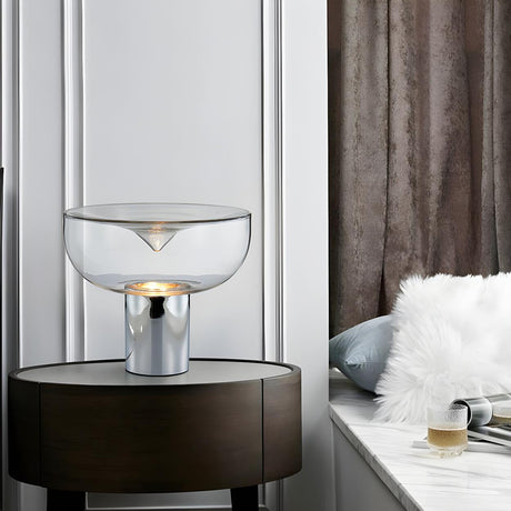 Simple Chic Bowl Glass Column Brass Base Table Lamp Image - 2