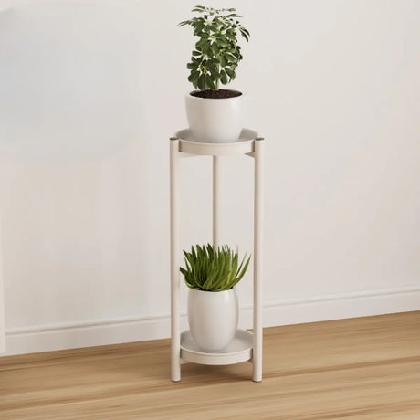 Simple Circular 2 Tiers Metal Plant Stand Indoor White Image - 2