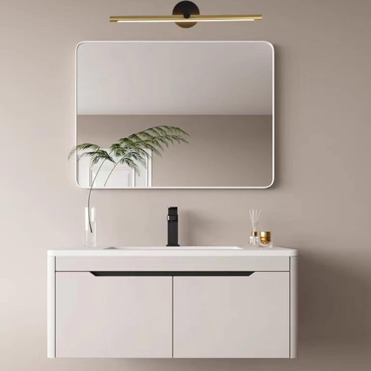 Simple Circular Backplate Gold Linear Vanity Light Image - 5