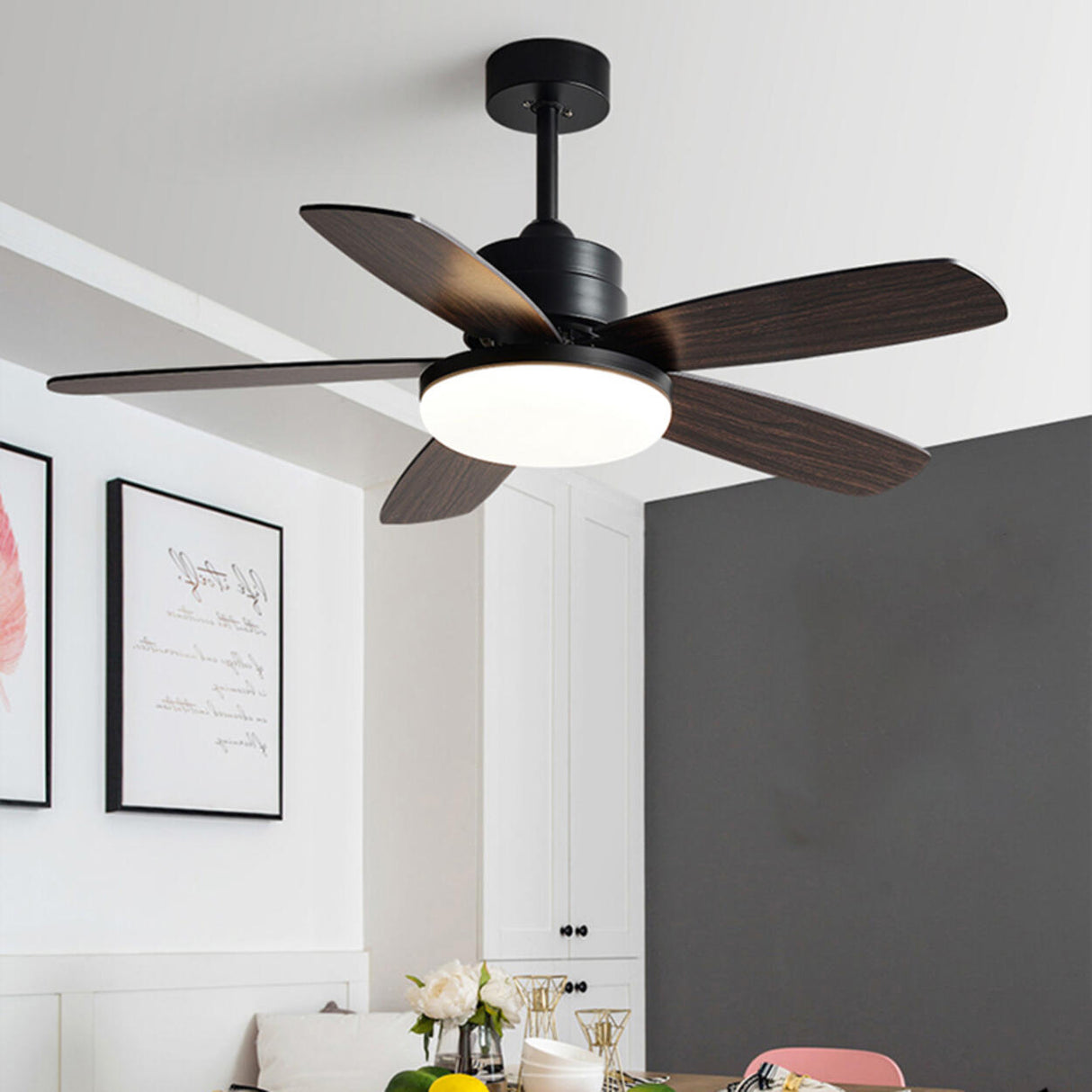 Simple Classic Wooden 5 Blade Ceiling Fan with Light Image - 3