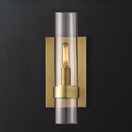 Simple Clear Glass Cylinder Shade Gold Wall Sconce Image - 2