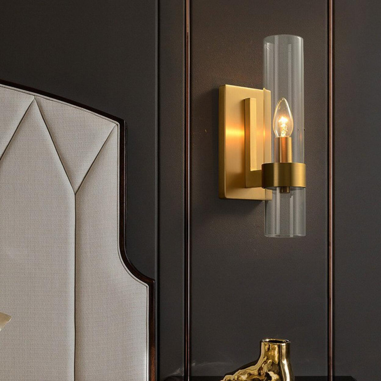 Simple Clear Glass Cylinder Shade Gold Wall Sconce Image - 6