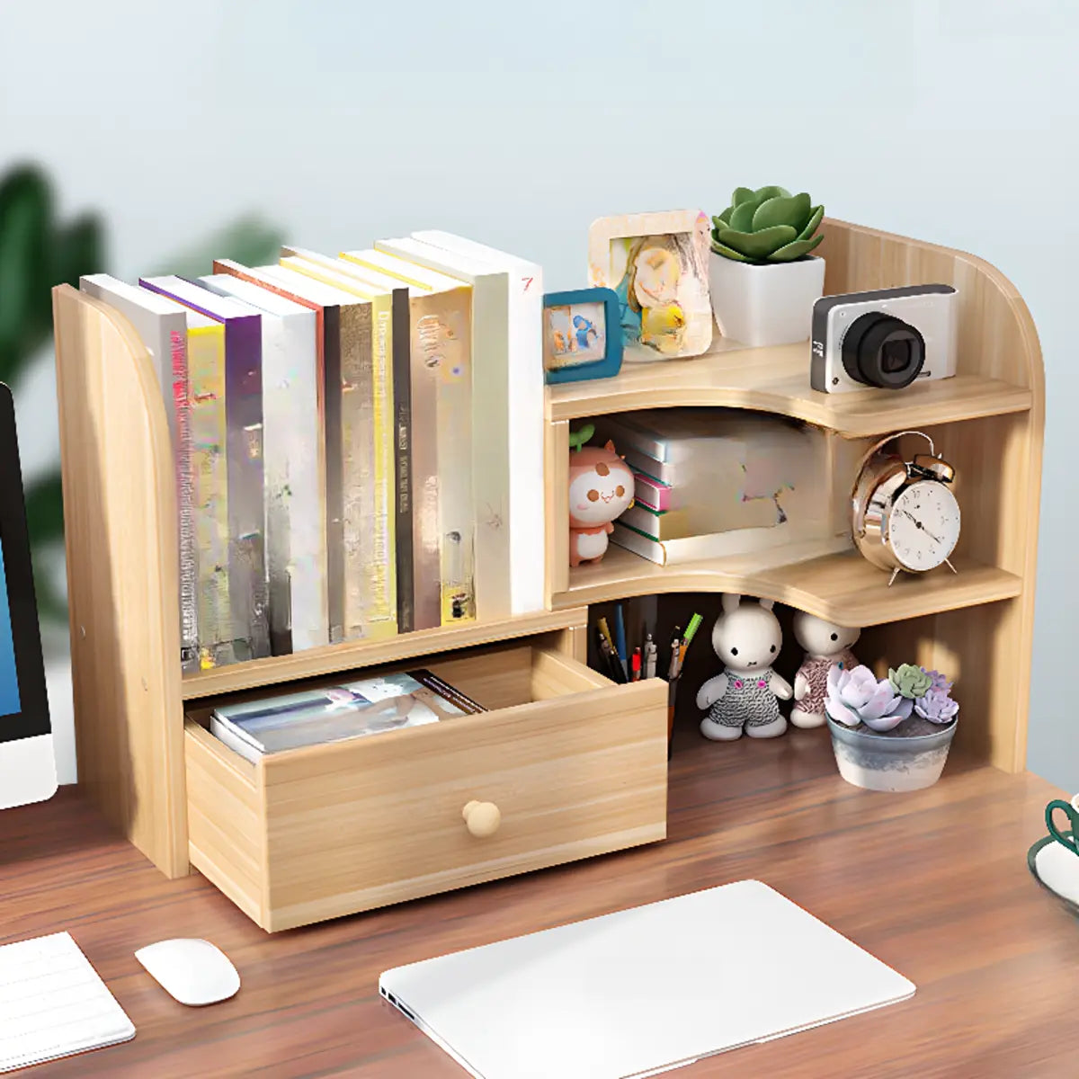 Simple Compact Wooden Open Desktop Storage Bookcase Image - 1