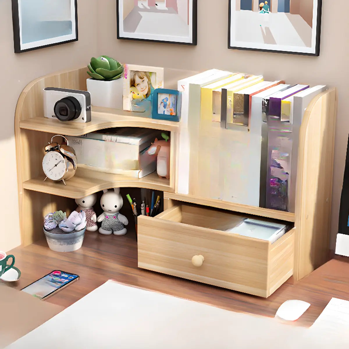 Simple Compact Wooden Open Desktop Storage Bookcase Image - 15