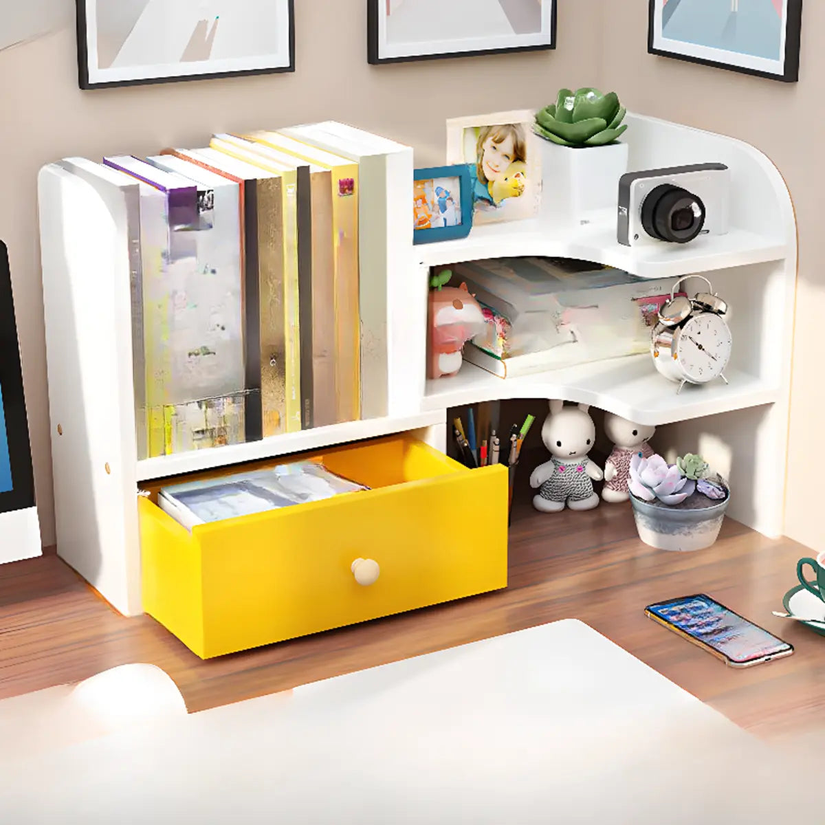 Simple Compact Wooden Open Desktop Storage Bookcase Image - 9