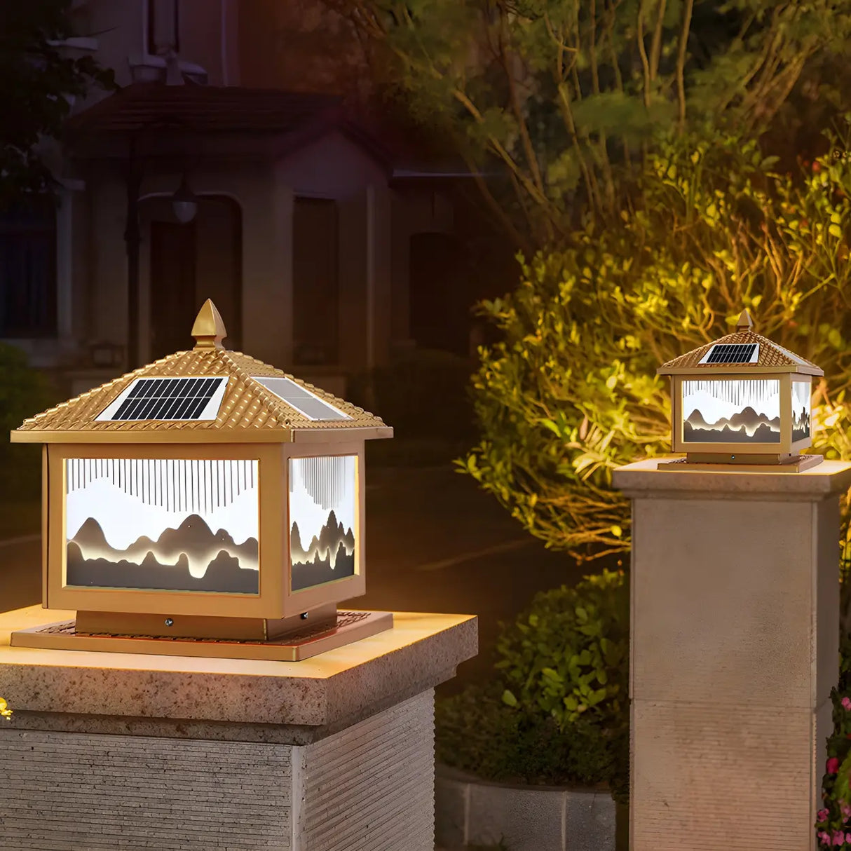 Simple Cube Golden Hill Solar Post Metal Outdoor Lamp Image - 1