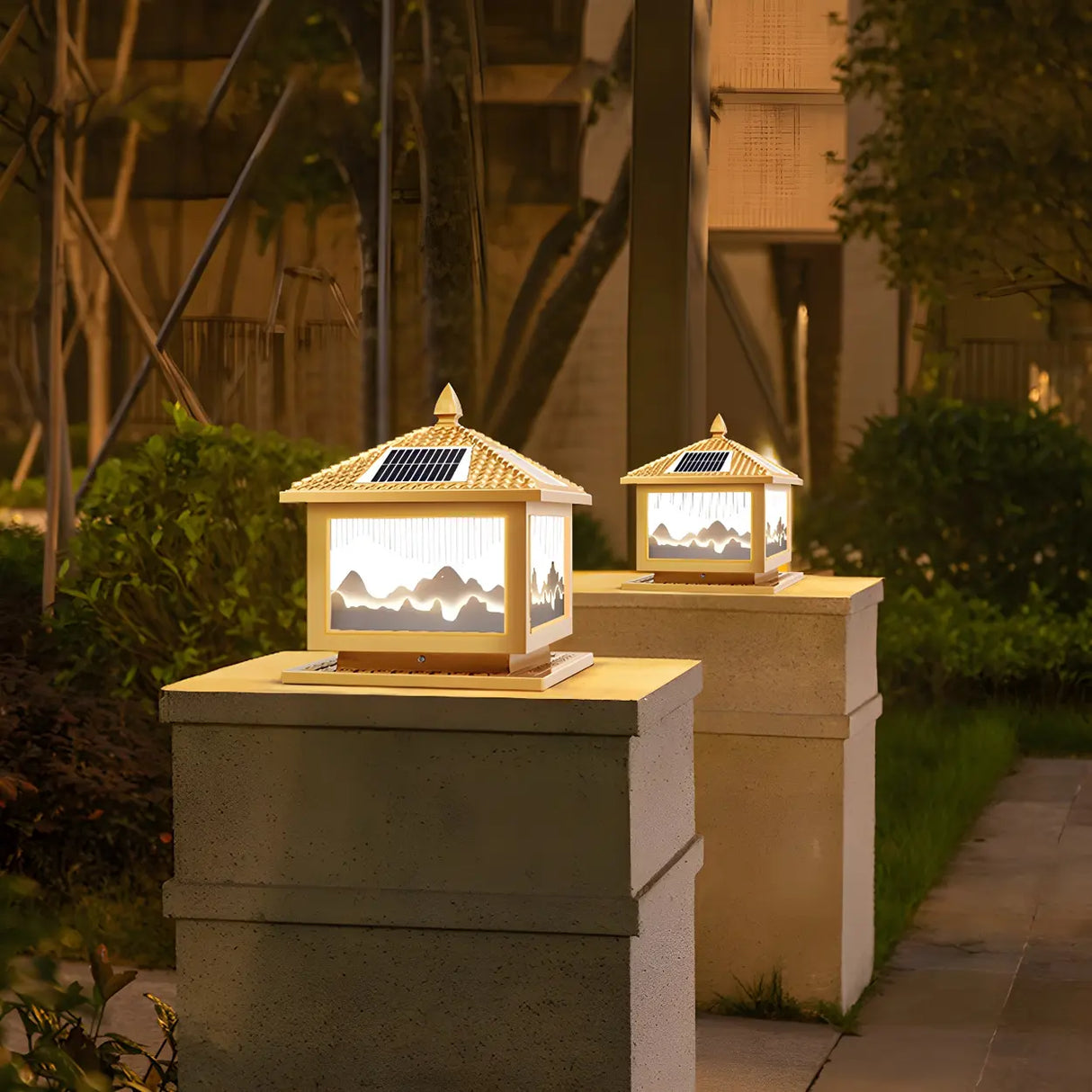 Simple Cube Golden Hill Solar Post Metal Outdoor Lamp Image - 2