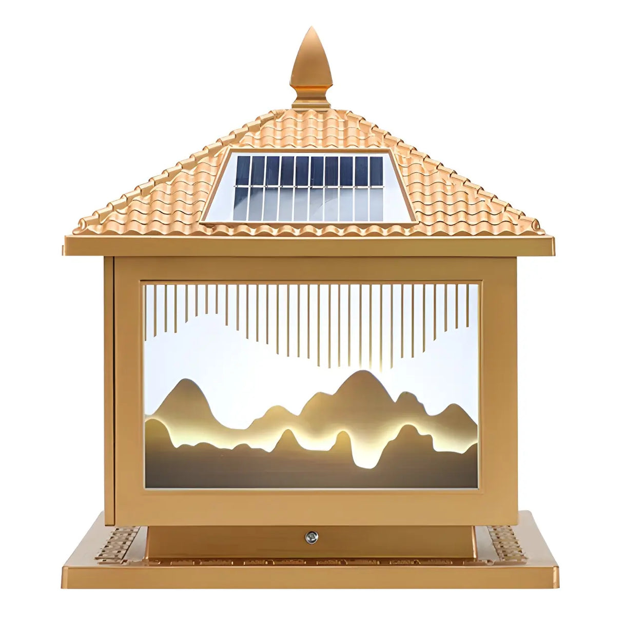 Simple Cube Golden Hill Solar Post Metal Outdoor Lamp Image - 5