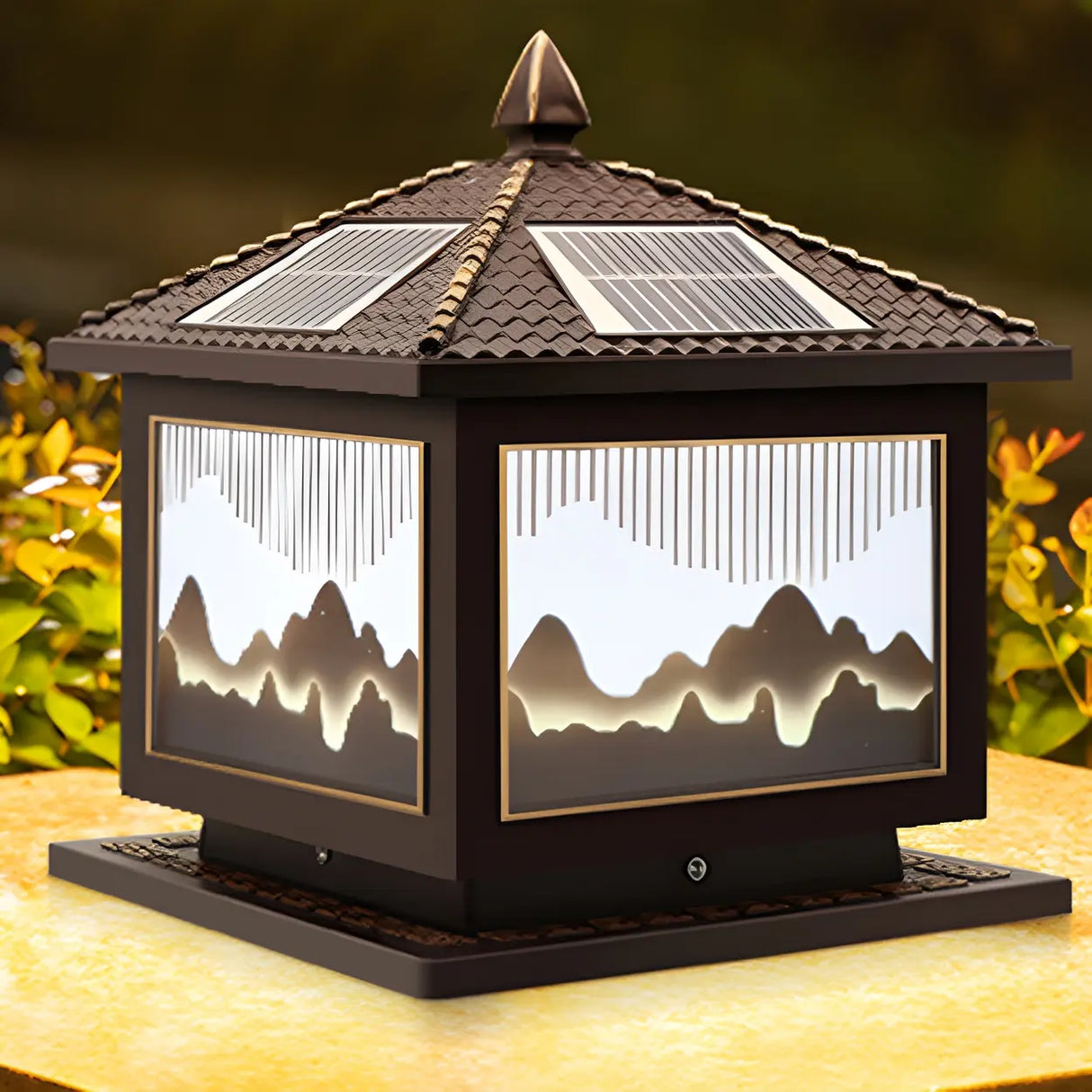 Simple Cube Golden Hill Solar Post Metal Outdoor Lamp Image - 8