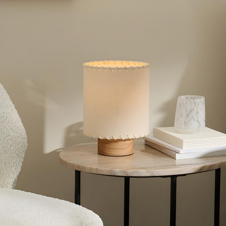 Simple Cylinder Fabric Shade Wood Base Table Lamp Image - 1