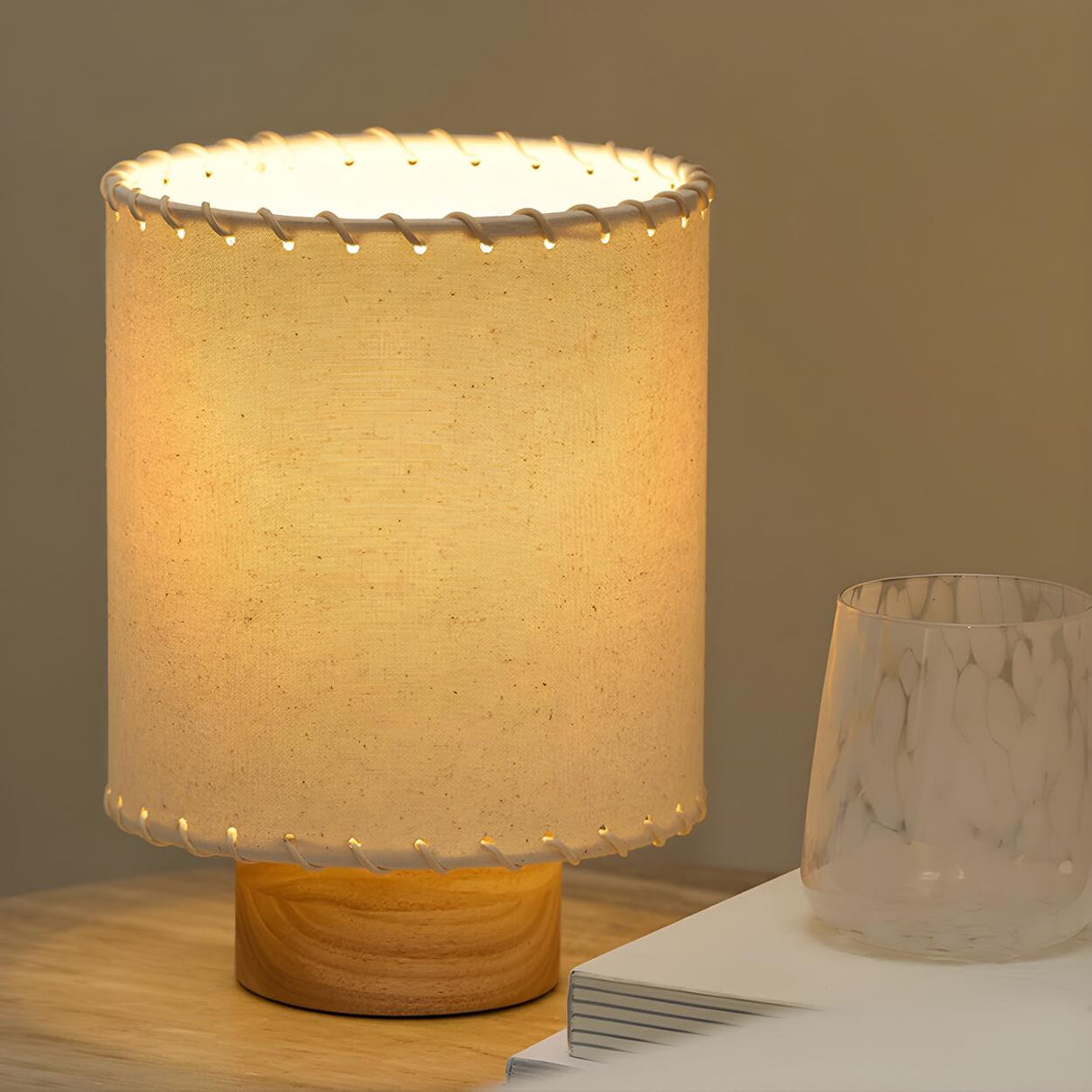 Simple Cylinder Fabric Shade Wood Base Table Lamp Image - 2