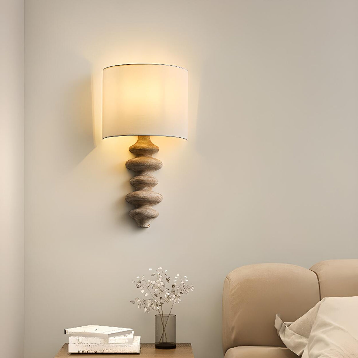 Simple Cylinder White Fabric Curved Base Wall Sconce Image - 4