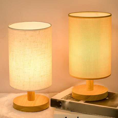 Simple Cylindrical Fabric Shade Wooden Base Table Lamp Image - 1