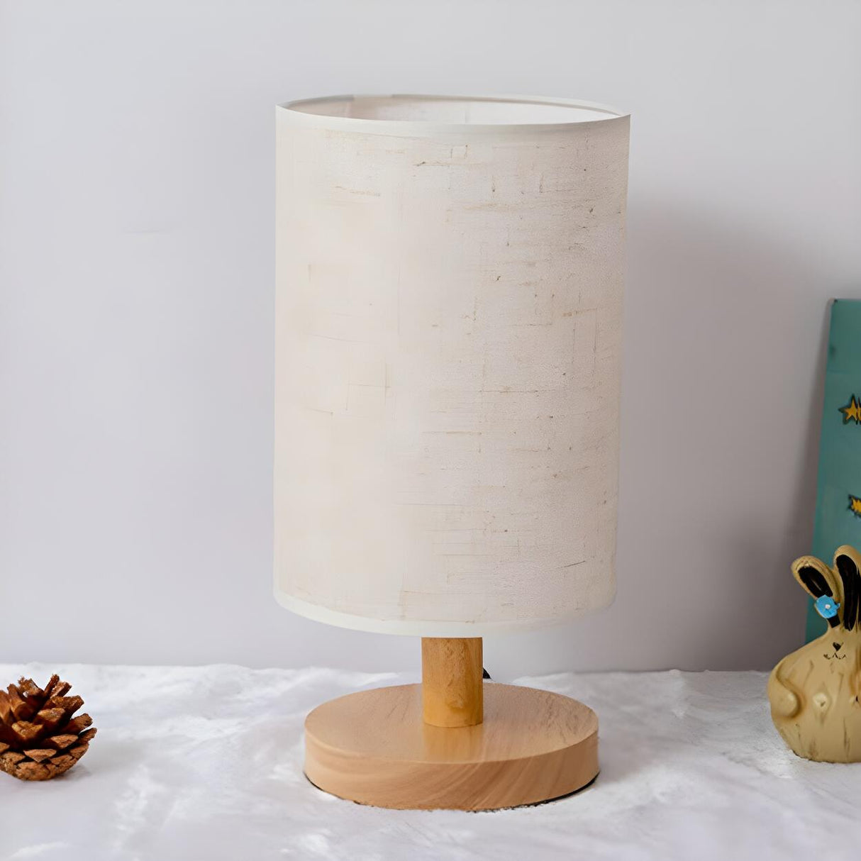 Simple Cylindrical Fabric Shade Wooden Base Table Lamp Image - 14