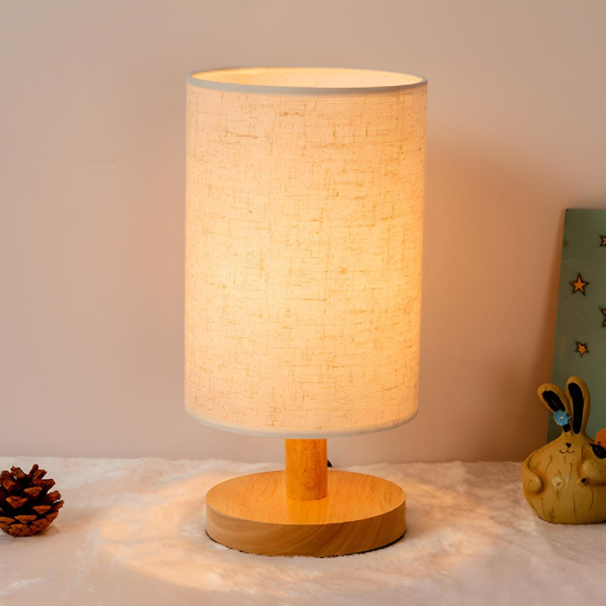 Simple Cylindrical Fabric Shade Wooden Base Table Lamp Image - 15