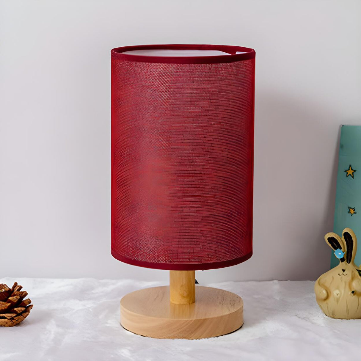 Simple Cylindrical Fabric Shade Wooden Base Table Lamp Image - 16