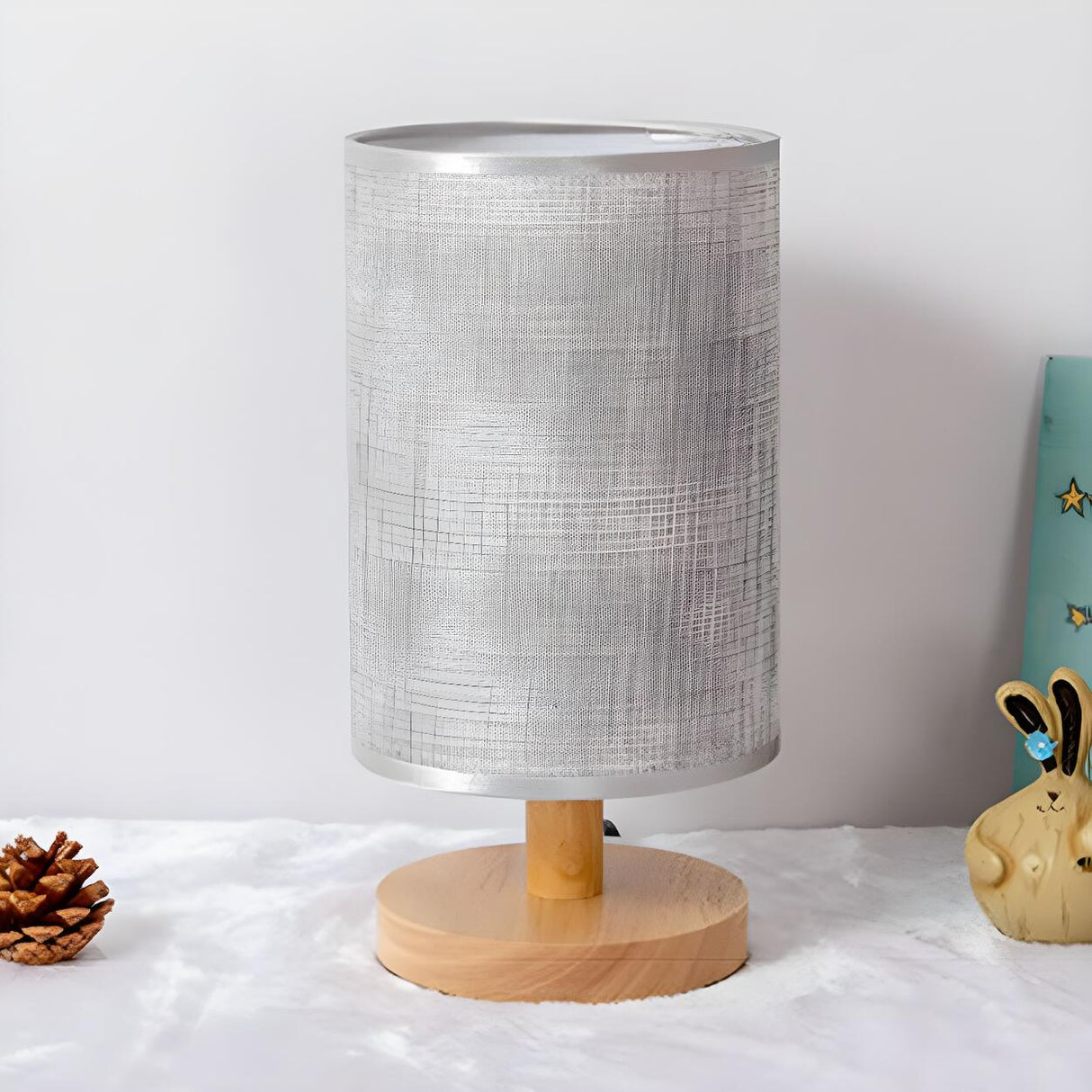 Simple Cylindrical Fabric Shade Wooden Base Table Lamp Image - 18