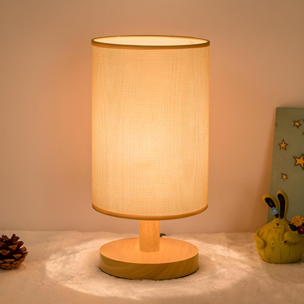 Simple Cylindrical Fabric Shade Wooden Base Table Lamp Image - 19