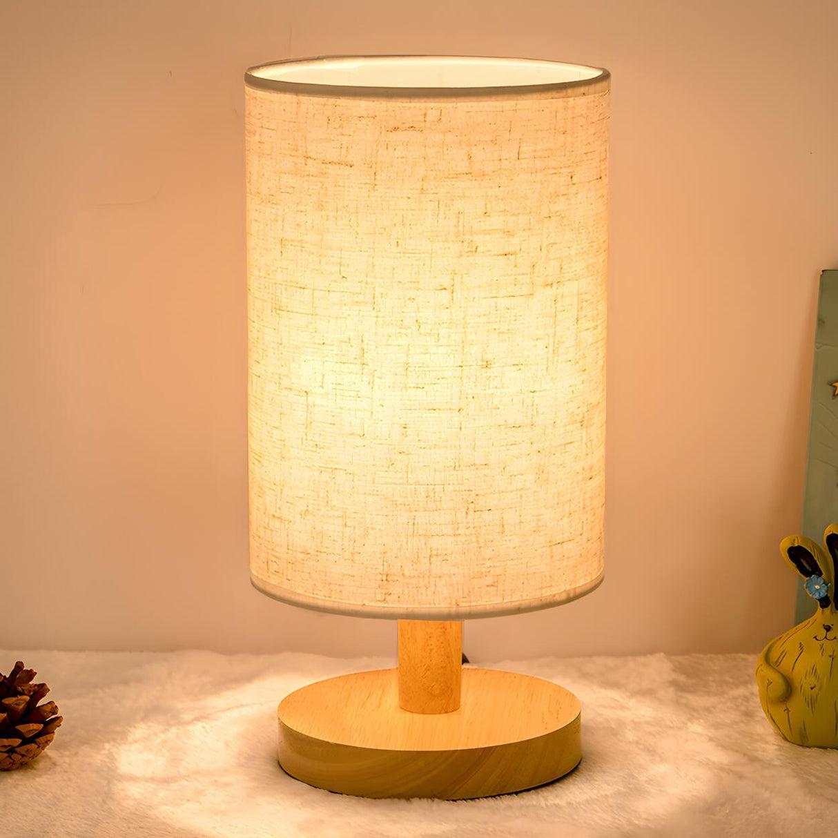 Simple Cylindrical Fabric Shade Wooden Base Table Lamp Image - 6