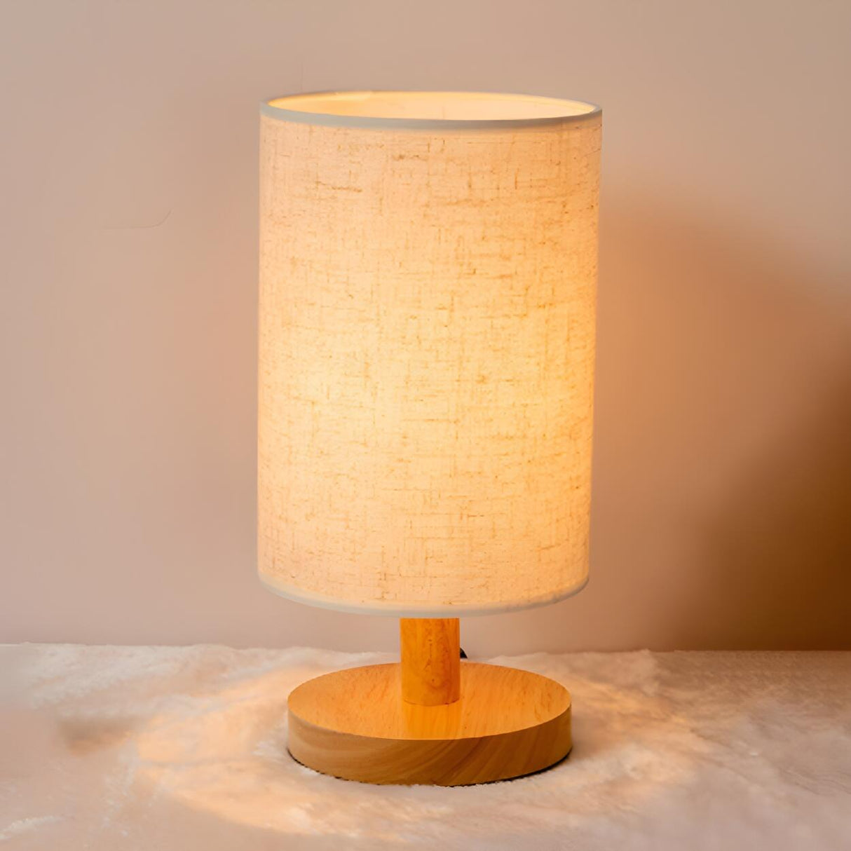 Simple Cylindrical Fabric Shade Wooden Base Table Lamp Image - 7